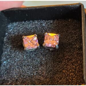 925 Sterling Silver Princess Cut Pink Tourmaline Stud Earrings October Birthday